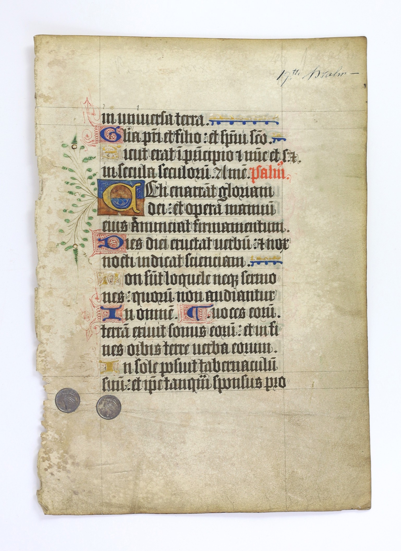 Manuscript leaf from a book of hours illuminated in blue, red, rose, green and gilt; perhaps English, third quarter of the 14th century